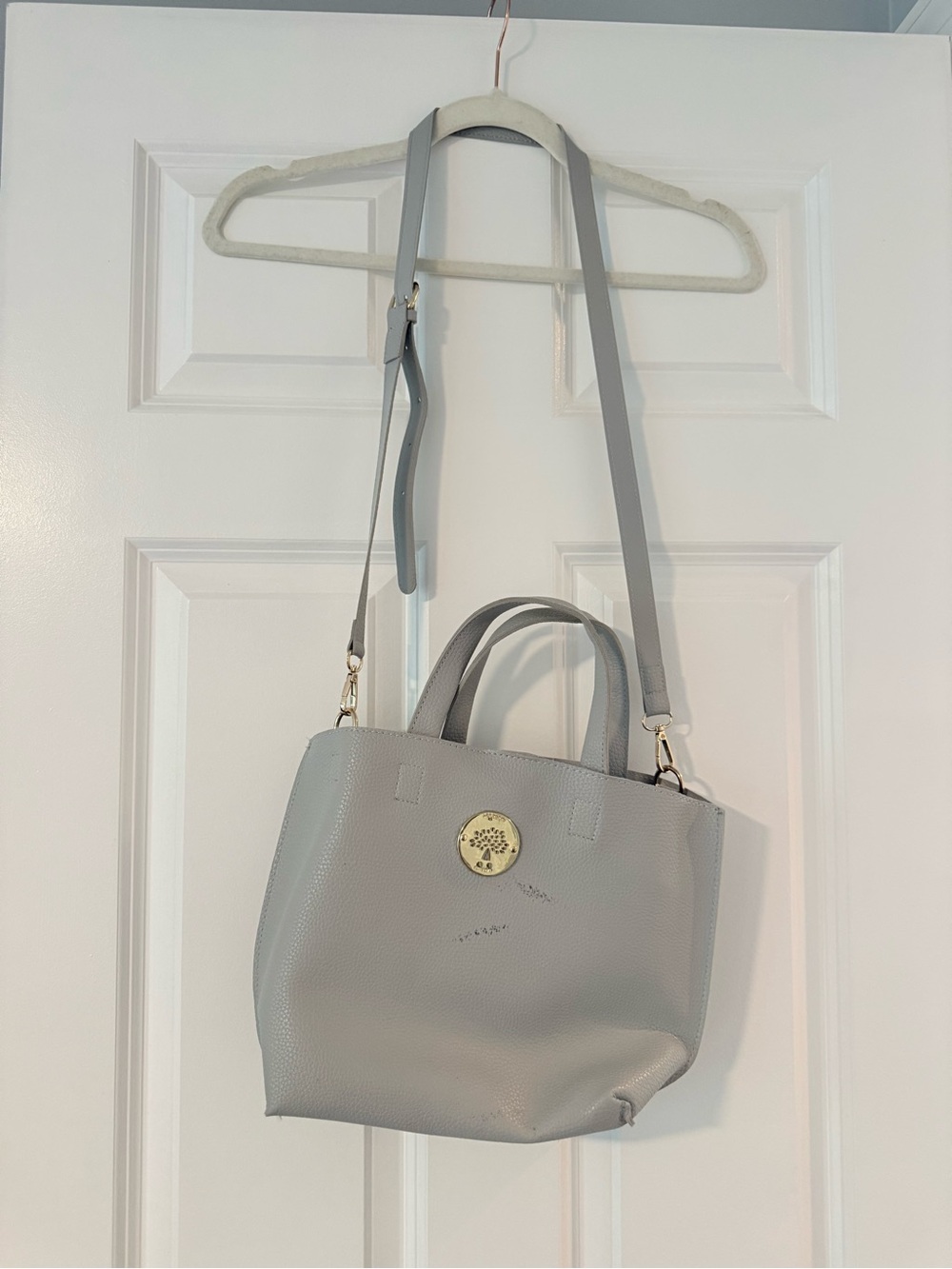 Gray Pebbled Satchel Crossbody Handbag Gold Hardware Top Handle